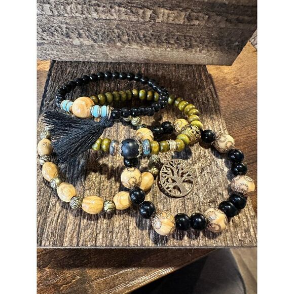 Boho Hippie Bracelet, Tassel Tree Of Life Pendant Stacked Wooden Bead Stretch B - Picture 8 of 8